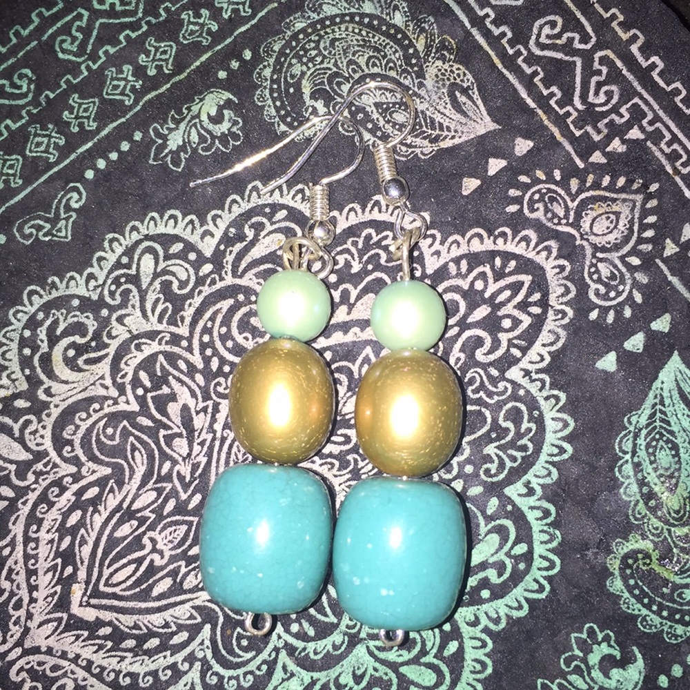 Handmade gold and teal beaded earrings